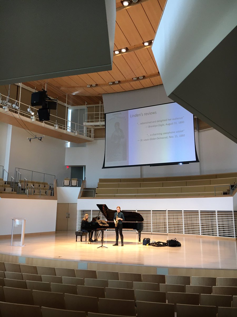 Saxophone_Women's tweet photo. Delighted to be presenting ‘Over 100 Years of Women &amp; the Saxophone’ at @penn_state School of Music tonight. Such a beautiful performance space...🎷🇺🇸🎶 #saxophonewomen #PennState #newmusic #saxophone #womeninmusic #livemusic #psuschoolofmusic #PSU https://t.co/t1VxByZKdC