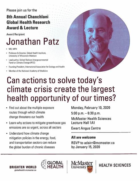 CC and health expert <a href="/jonathanpatz/">Jonathan Patz</a> will be giving a talk (Feb. 10) on how mitigation policies in the energy, food, and transportation sectors can reduce the global burden of chronic diseases. Info: shar.es/a37j9G. #mcmaster <a href="/UWGlobalHealth/">UW-Madison Global Health Institute</a> <a href="/MacHealthSci/">McMaster Health Sciences</a> <a href="/McMasterGHO/">McMaster GHO</a>