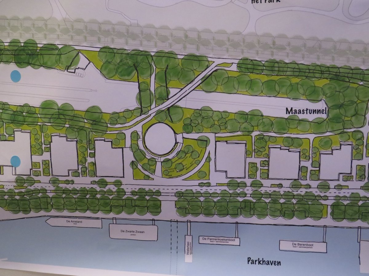 Nog 4 beelden van Parkhaven. 650 woningen, park doorgetrokken naar kade, groen stadsplein rond Euromast, alle auto's parkeren ondergronds, route van en naar Scheepvaartkwartier blijft, er komen meer bomen dan nu. Bebouwing wordt natuurinclusief én er is meer sociale controle. 😍
