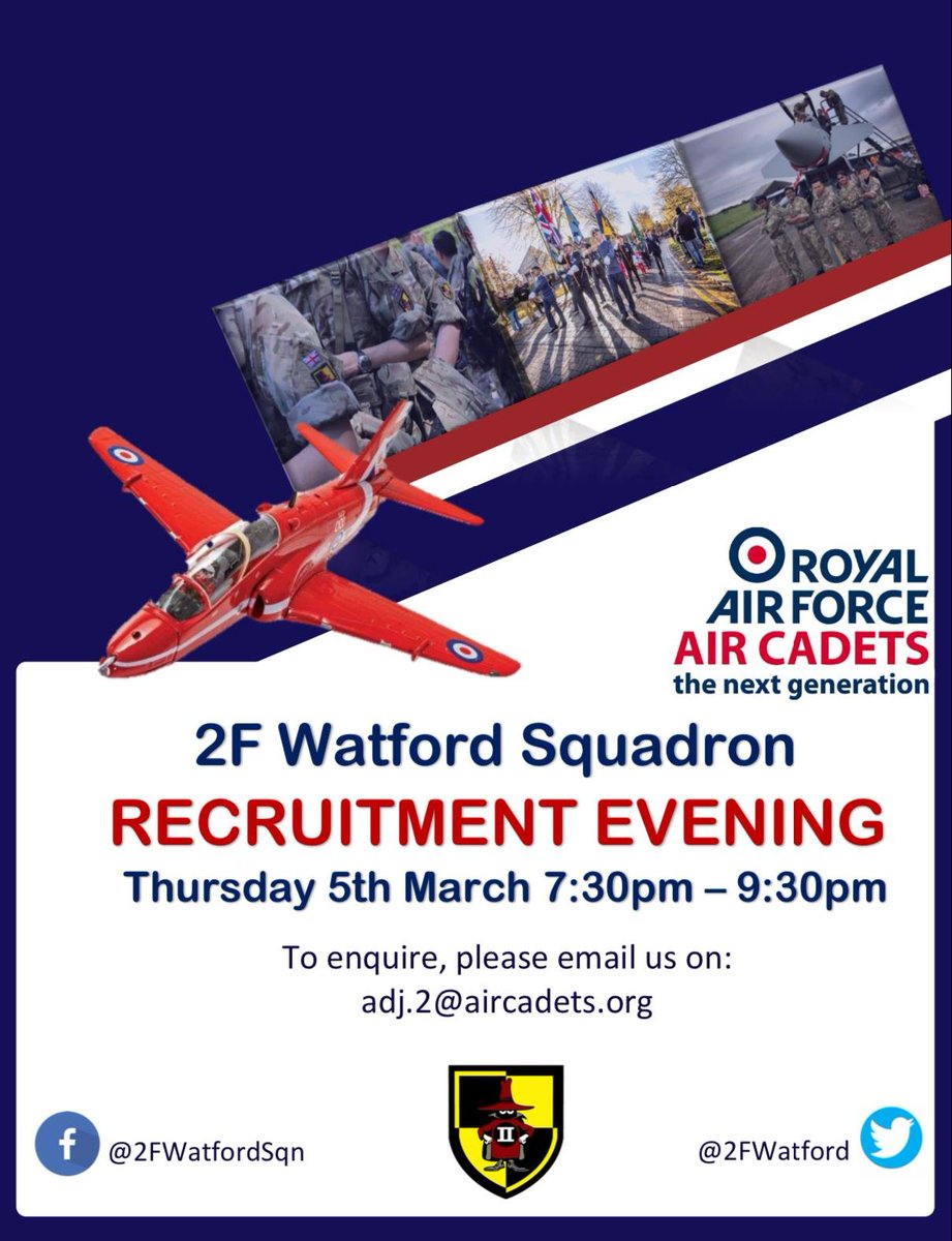 2FWatford's tweet photo. 2F will be recruiting again on Thursday 5th March 2020. Please see below recruitment poster for info.

You'll need to be 12 years old and in year 8 to join. 

Please follow our Instagram @2Fwatfordatc and Facebook @2FWatfordSqn for an insight to what we do. 

#WhatWeDo #AirCadets https://t.co/2kyb0D7Ywz