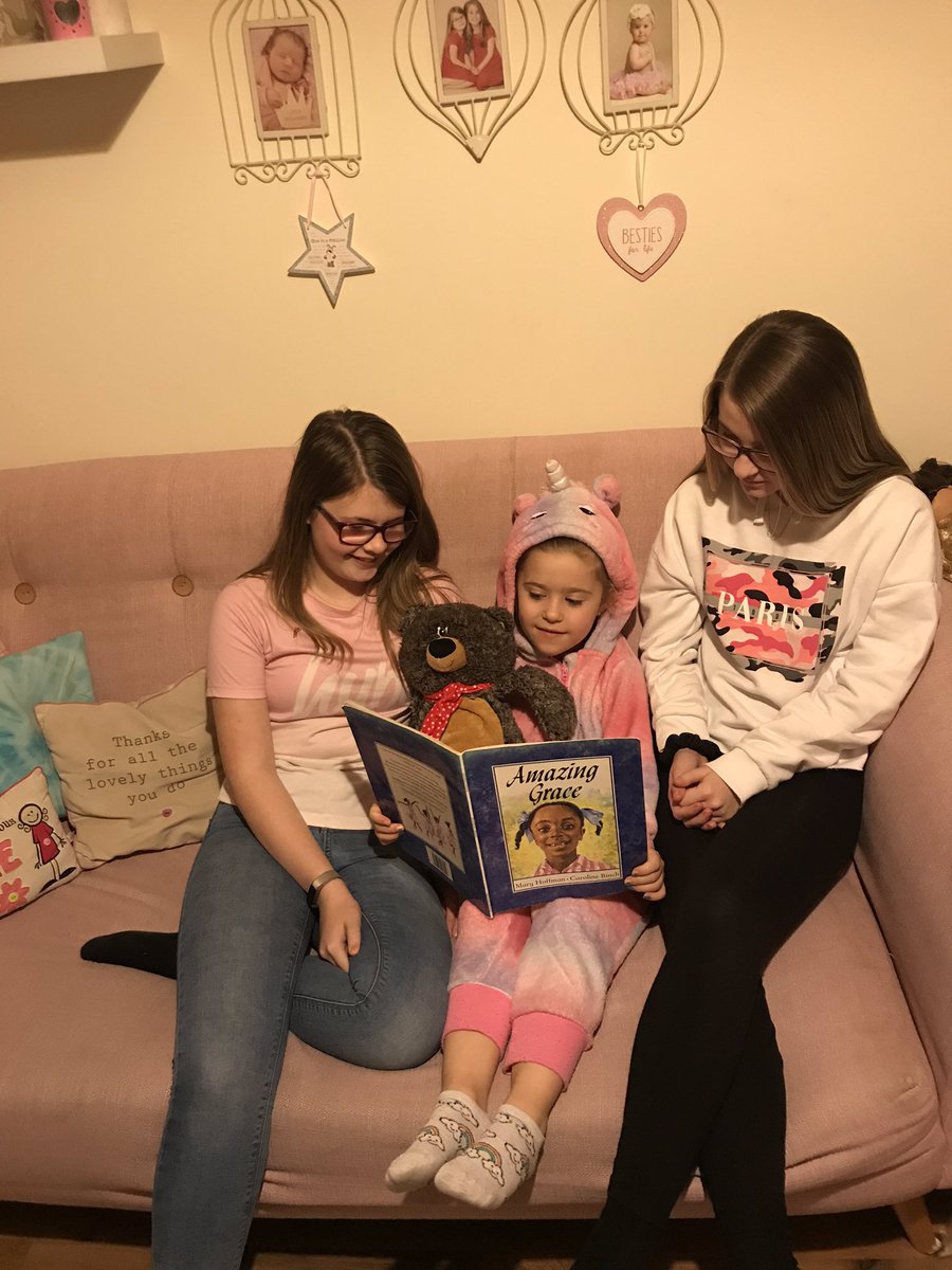 Lou_eba's tweet photo. Alice and her sisters enjoyed sharing a bedtime story, tonight was something new as the class ted joined them taking turns and reading a page each.  @KSInfants #readwithted https://t.co/S94ghWb16N