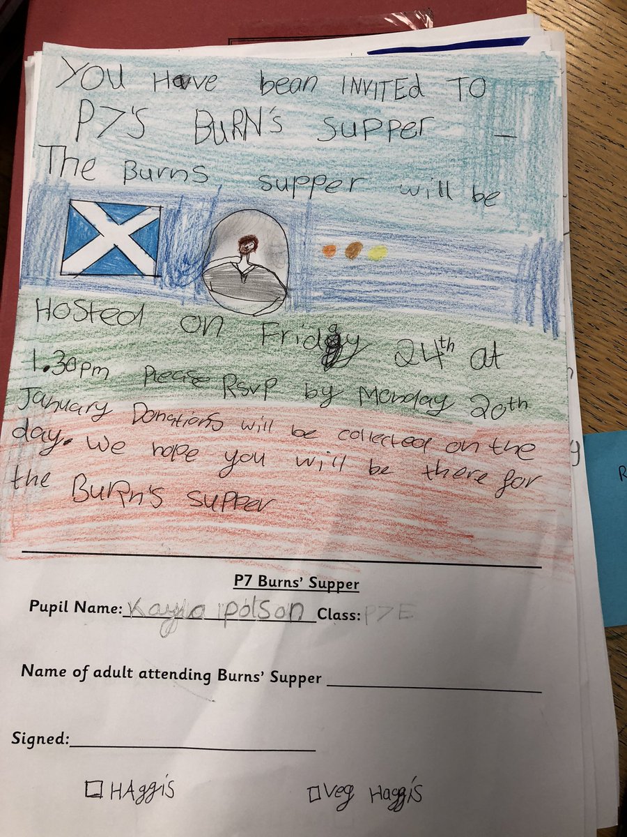 beanxmrsedwards's tweet photo. P7E created their own invites for their Burns Supper. Please remember to complete the tear off slip and RSVP by Mon 20th Jan. look forward to seeing everyone then. π΄σ §σ ’σ ³σ £σ ΄σ Ώ#BPSParentalInvolvement #BPSPupilLedLearning https://t.co/hIAA6jxFO1