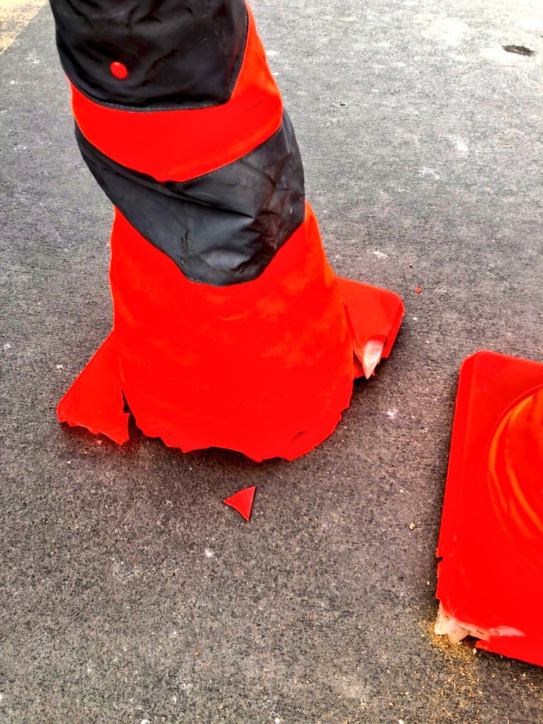 When your cones get demolished when you're on a crash... you go find them and try to salvage them. 

Poor cones! But thankful it wasn't our officer being struck.

PAY ATTENTION when you drive, please!!