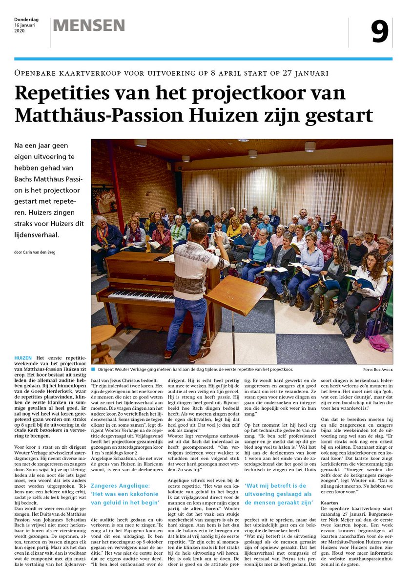 Wat een mooi artikel staat er in het Nieuwsblad voor Huizen over de start van de repetities van de Matthäus-Passion Huizen!
Zelfs ook al een stukje op de voorkant van de krant van vandaag :-).

nieuwsbladvoorhuizen.nl/reader/139390/…