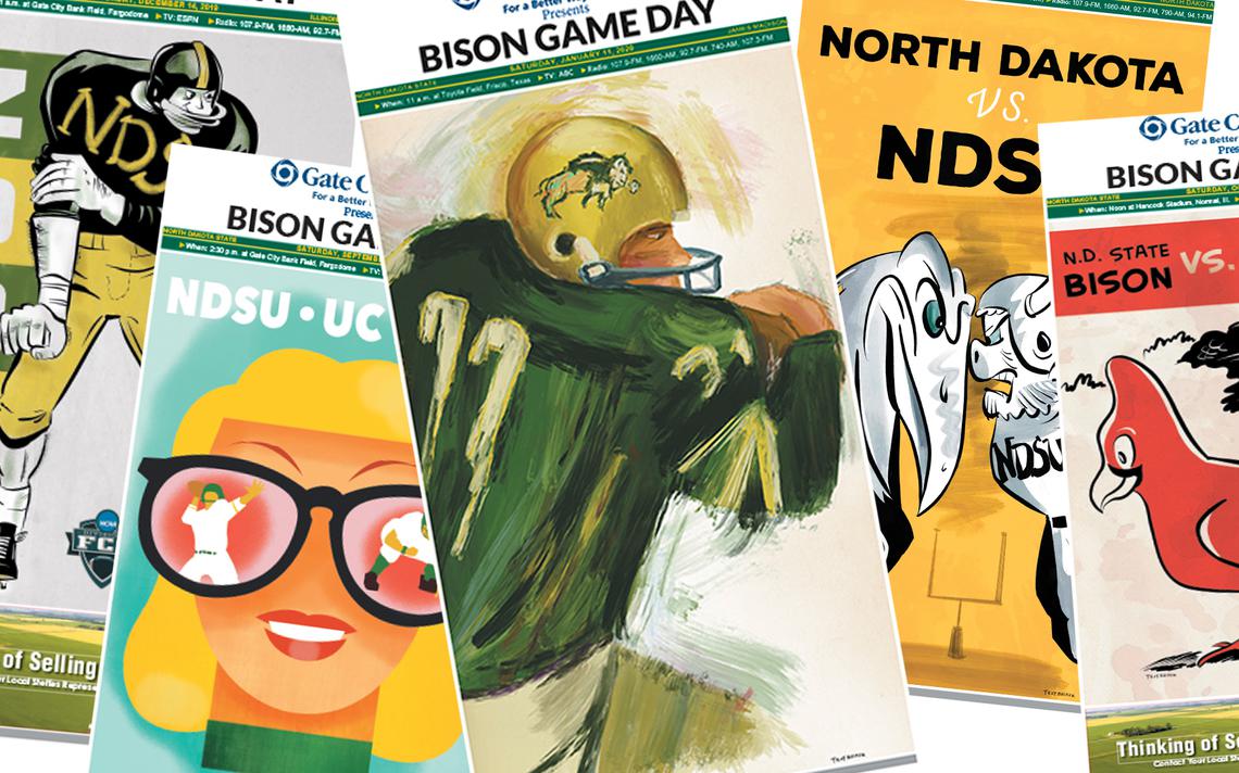 FargoBigE's tweet photo. Every #NDSUBison gameday cover in The Forum this season, featuring art by graphic designer Troy Becker #FCS | @INFORUM https://t.co/ct5H2Ag7rY https://t.co/NJRQsQrU5N
