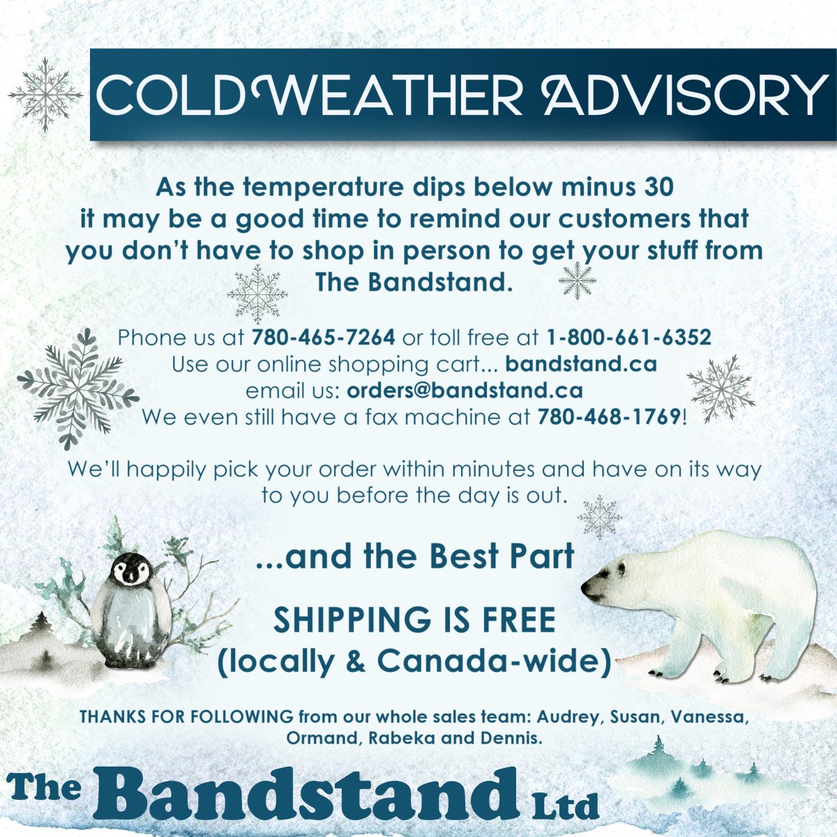 Looking to stay home and stay warm during this crazy #deepfreeze? If you need anything from the store, just give us a call, email or pop online at bandstand.ca We will pick your order right away and pop it in the mail. #FreeShipping #local &amp; #Canada wide. #yeg #winter