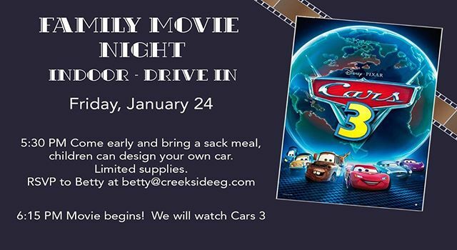 CreeksideEG's tweet photo. Don’t miss this fun Family Movie night we have planned! RSVP to betty@creeksideeg.com to reserve a spot for your kids to make a car to watch the movie in. https://t.co/nNEbO3Zss4 https://t.co/vR1WVxayZ5