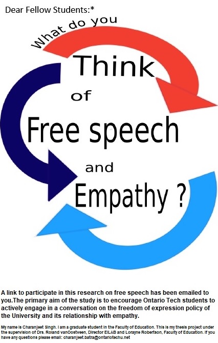 kozeseeks's tweet photo. #OntarioTech students are invited to participate in a research study on Free speech, to better understand its relationship with empathy. A link has been emailed to you. Please spread the word. This is my thesis project. @OT_FEDgrad @OT_gradstudies @OT_StudentLife @annaro https://t.co/2RscNkihf9