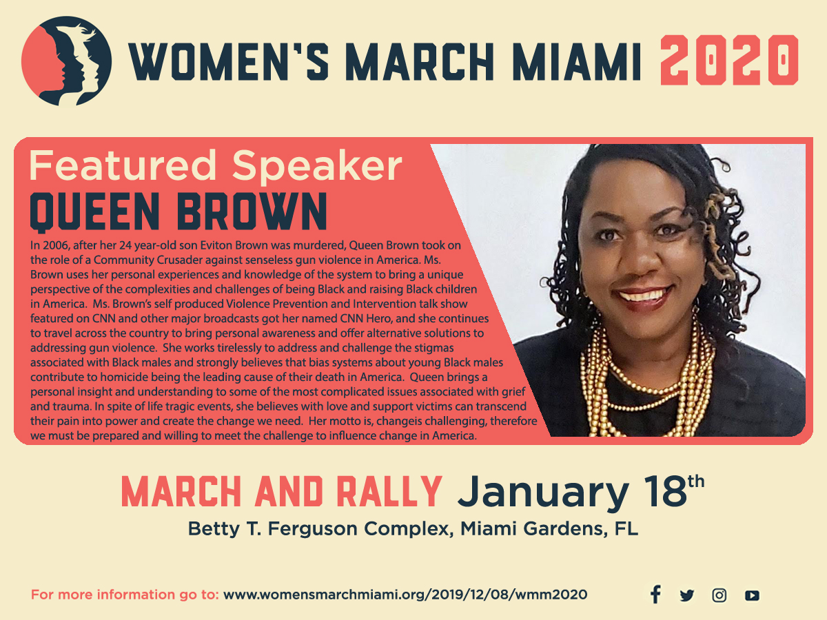 WomensMarchMia's tweet photo. So grateful to Queene Thompson Brown for her years of Work for families of gun violence & for always making time for us. We're honored to have her as a Featured Speaker! #BreakingOurChains #womensmarchmiami
BREAKING OUR CHAINS MARCH & RALLY 2020 info - https://t.co/vBLiDgvIFN https://t.co/N8fbMow1Jg