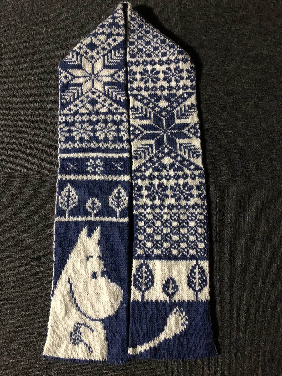 Takemama On Twitter おはようございます 今までかかりましたがやっと 息子のムーミンマフラー が編み上がりました ふさふさはいらないと言うことなのでこれにて完成です オシャレ着洗いで洗ったらブルーがすっごくいい感じの色が出ました 私にとっては大作になり