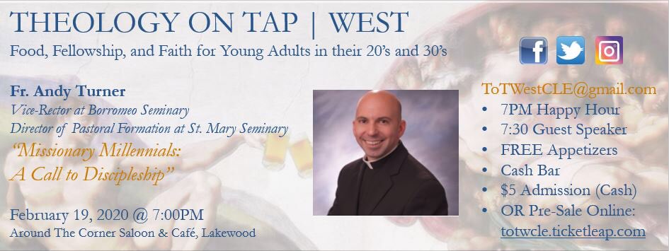 ToTWestCLE's tweet photo. Join us 2/19 at 7pm at @ATCLakewood for #totwestcle! We welcome @FrAndyTurner to the stage to speak to us on millennials’ call to discipleship in the #Catholic church. Link to purchase your $5 ticket in bio!🤗 https://t.co/3W3rAiaItD