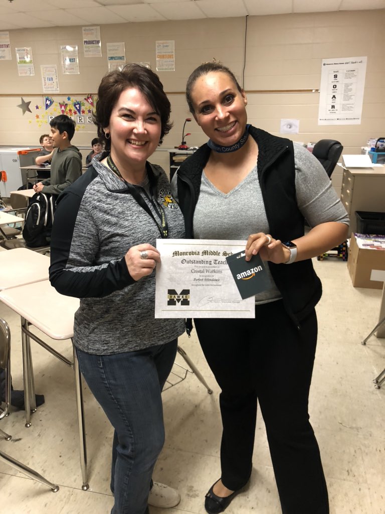 monroviahawks's tweet photo. Congratulations to these outstanding teachers who had PERFECT ATTENDANCE first semester. They were celebrated today with a certificate and $25 Amazon gift card (donated by our wonderful PTO). @MMSPTO4U #IgniteExcellence #1MMSHAWKS https://t.co/JM8cMe0xk2