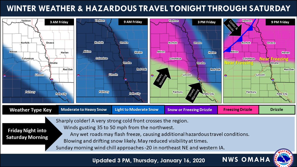 NWSOmaha's tweet photo. Snow arrives tonight, with accumulation likely by sunrise on Friday. Snow will change to freezing drizzle or drizzle by late afternoon before a powerful cold front arrives Friday evening. Flash freeze of wet roads along with snow showers expected Friday night. #neroads #iaroads https://t.co/gDuOpXAX3F