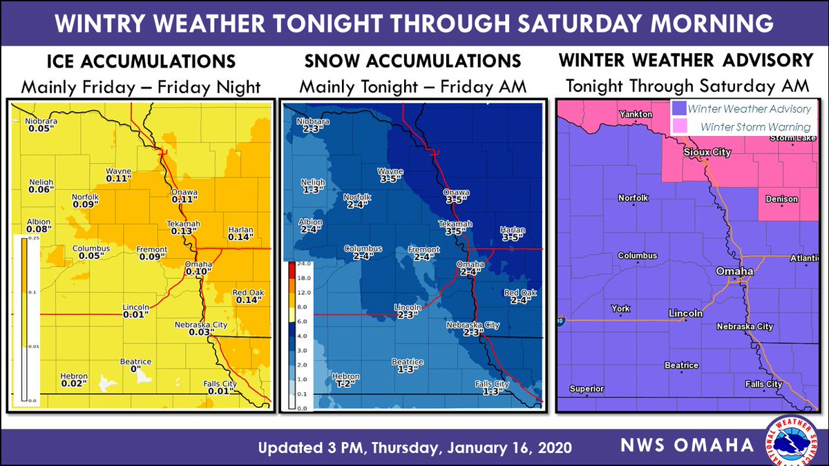 NWSOmaha's tweet photo. Snow arrives tonight, with accumulation likely by sunrise on Friday. Snow will change to freezing drizzle or drizzle by late afternoon before a powerful cold front arrives Friday evening. Flash freeze of wet roads along with snow showers expected Friday night. #neroads #iaroads https://t.co/gDuOpXAX3F
