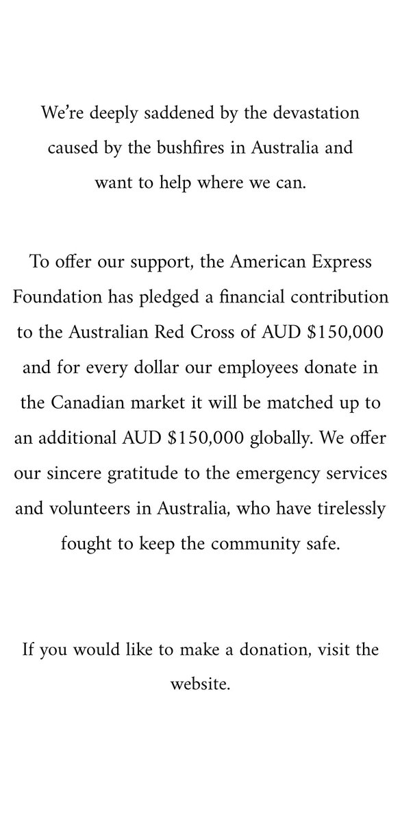 AmexCanada's tweet photo. We're deeply saddened by the devastation caused by the bushfires to our community and wildlife, and want to help where we can. @RedCrossAU #bushfireaustralia #bushfires https://t.co/iWul7OJLeL https://t.co/SrMGibpf5W