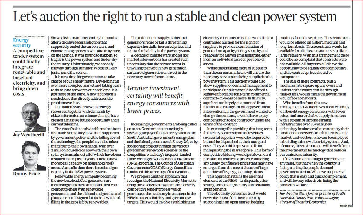 frontierasia's tweet photo. With #climatechange policy back on the agenda, could the government take a new approach to fix Australia's #NEM? @DannyPrice_FE and @JayWeatherill say yes in today's @FinancialReview #auspol #ausecon #economics #energy https://t.co/prwpsUlKyl