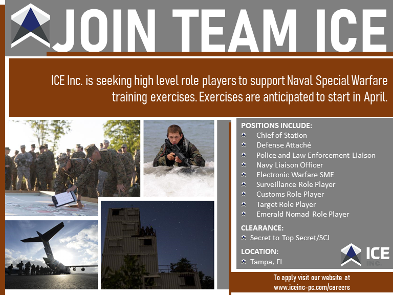 iceinc_corp's tweet photo. ICE Inc. is seeking high level role players to support NSW. Work will be performed in Tampa, FL in the April timeframe.
For more information, visit our website at https://t.co/vvVtzDds1g.
#JoinTeamICE #ICEInc #NavalSpecialWarfare #NSW #SpecialForces #SF #SOF https://t.co/IpFcoHsFqN