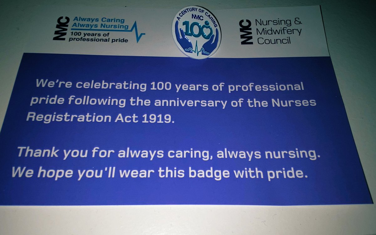 Kerryhennessy30's tweet photo. Lovely to receive this badge in the post today to mark 100 years of the NMC. So proud to be part of the nursing family as a RNA- which has brought me so many opportunities ☺️💊 @We__NAs @NHSHEE_LDN @nmcnews @JackieSmith_nmc @samjdonohue @ecwestcott @ShanleyOliver @KHFTPracDev https://t.co/8Rp6FXu1dR