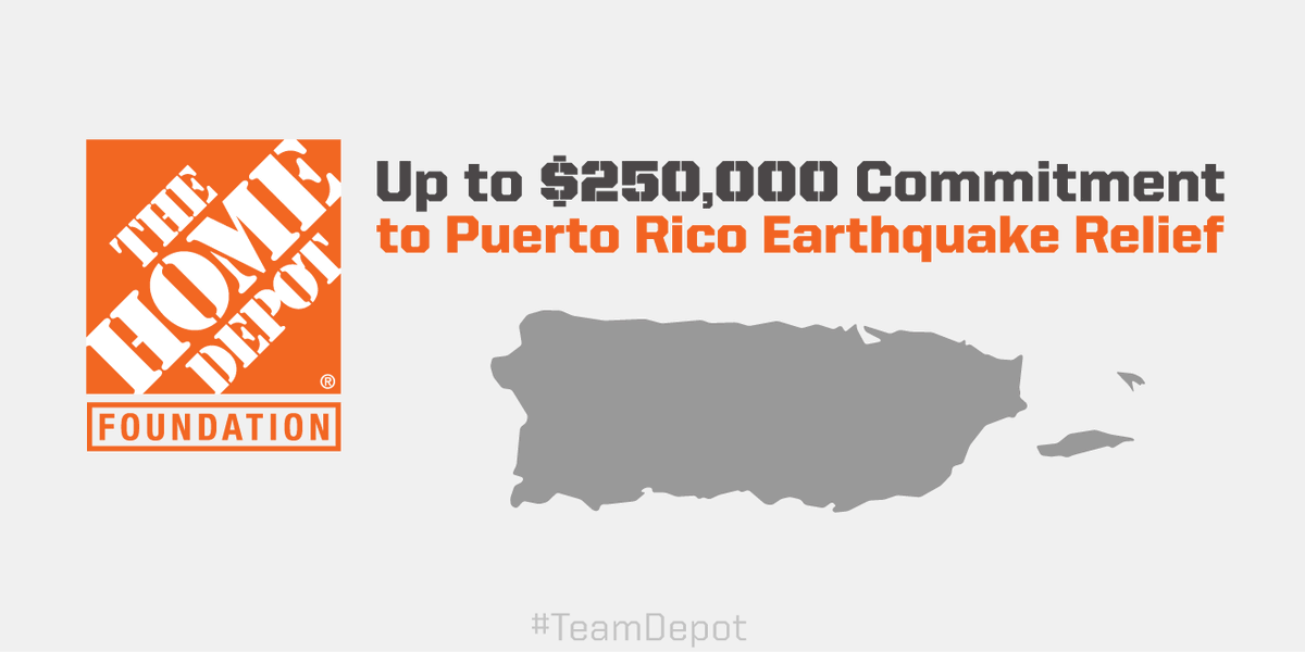 HomeDepotFound's tweet photo. As earthquake activity continues to rattle Puerto Rico, we are committing up to $250,000 in relief efforts.

📰 » https://t.co/qJGGsu15kh https://t.co/k4g3z3YxuV