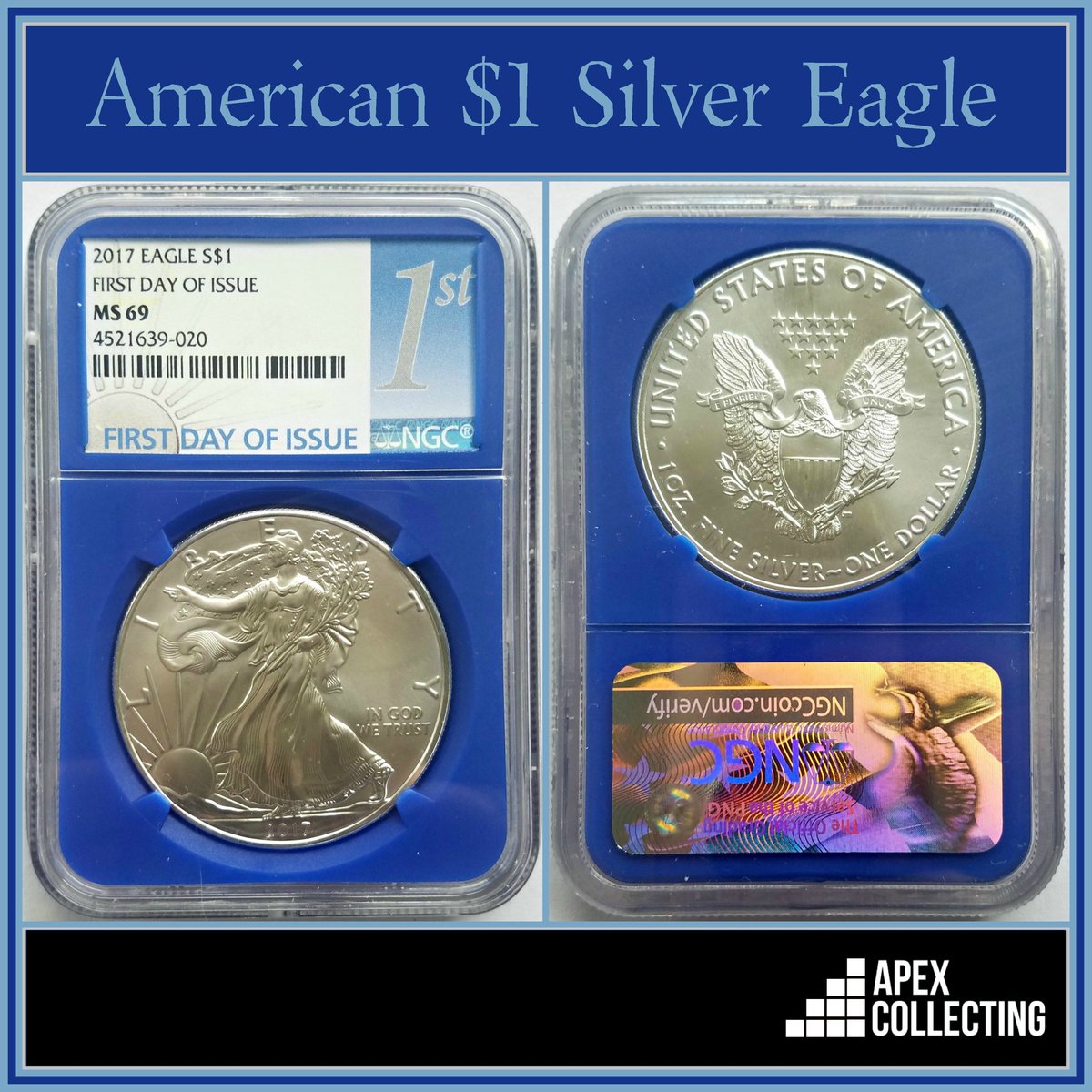 Apex_Collecting's tweet photo. Picked up silver American Eagle #dollars w/ NGC #blue core holder. The #color adds a nice touch. These are 1 ounce of 99.99% silver. #silverstacker

#americaneagle #silvereagle #silveramericaneagle #eagledollar #silverdollar #oneounce #1oz #bullion #silverstack #silverstacking https://t.co/YqlwZR5Tww