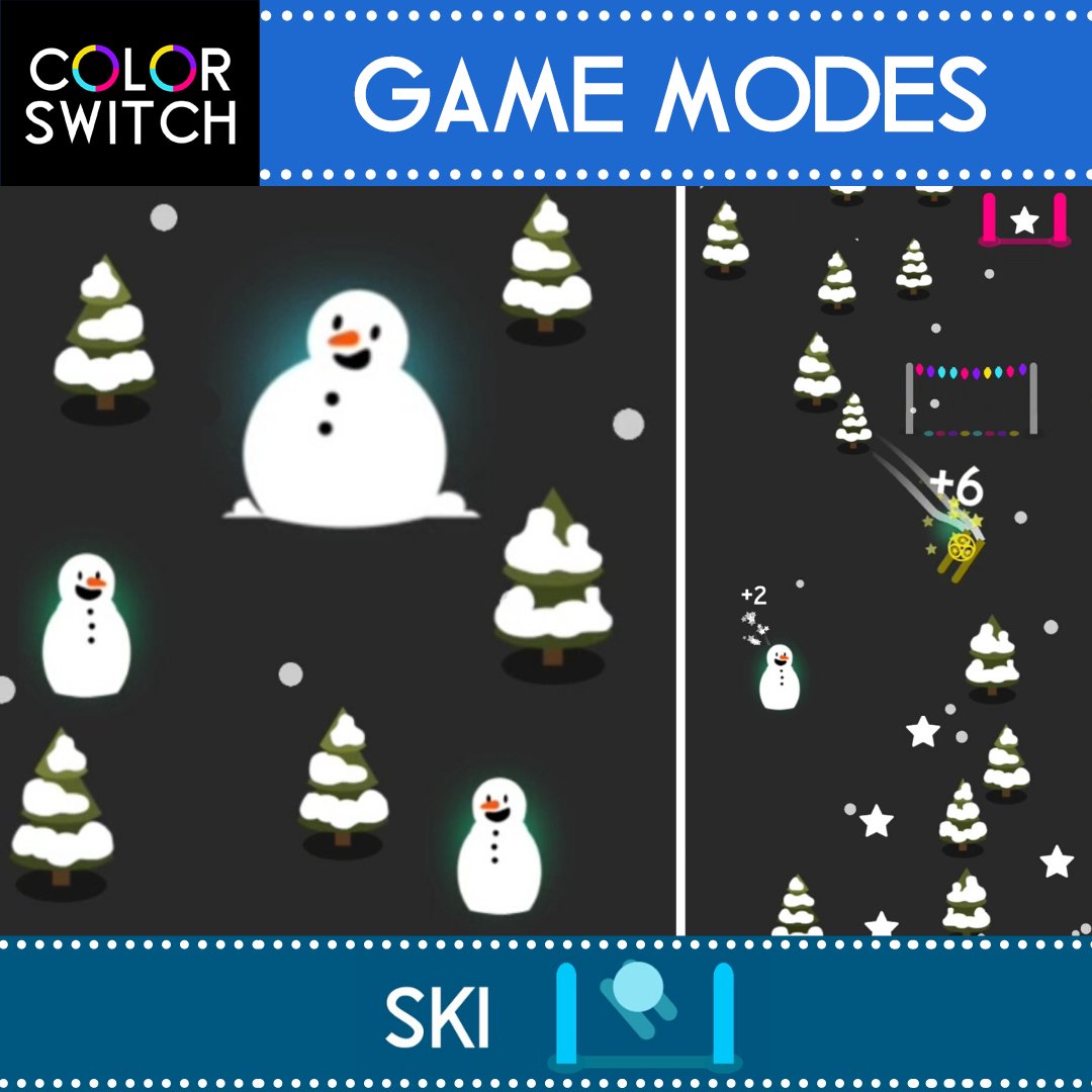 ColorSwitch's tweet image. SKI
Slide &amp;lt;--👆--&amp;gt;
⛷ Plow into Happy SNOWMEN for extra Stars! ⭐
WATCH OUT for trees and rocks!
Available in 40 FROSTY levels &amp;amp; Endless Mode ❄
This and +30 challenging modes available FREE at colorswitchworld.com
#ColorSwitch #ColorSwitchModes #SkiMode #Snowman