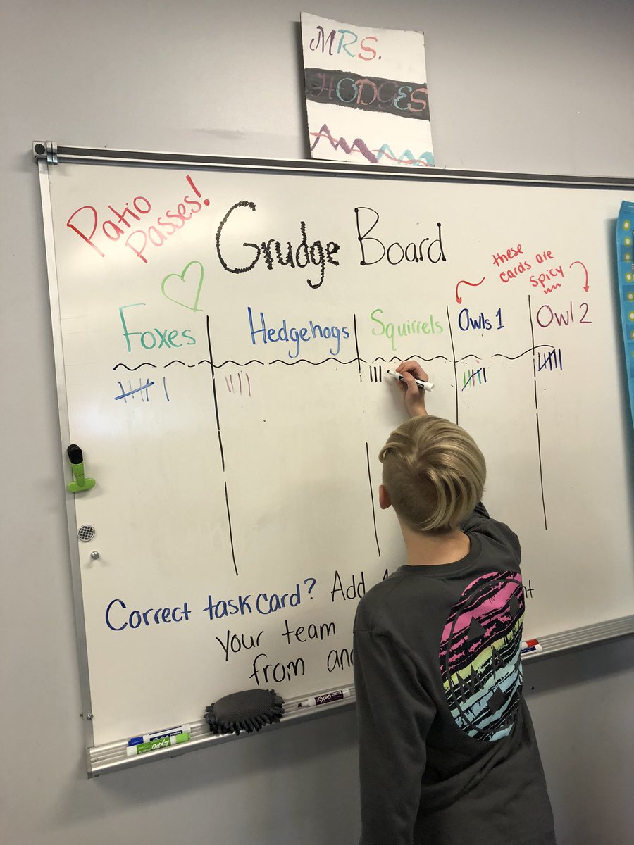 MrsHodgesGTMS's tweet photo. Task cards “Grudge” board was a BLAST today. For every task card a team completed correctly, they could either add a point or take a point from another team. I’ve never seen them BEG for more task cards 💙😂 @GTMSTitans https://t.co/X8d8eYfcjC