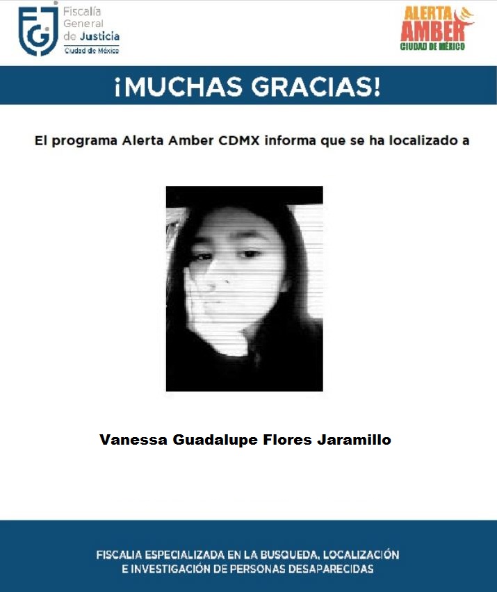 FiscaliaCDMX's tweet photo. La menor Vanessa Guadalupe Flores Jaramillo ha sido localizada, se desactiva #AlertaAmber, agradecemos a la ciudadanía, medios de comunicación e instituciones https://t.co/E1NBp4lcv7