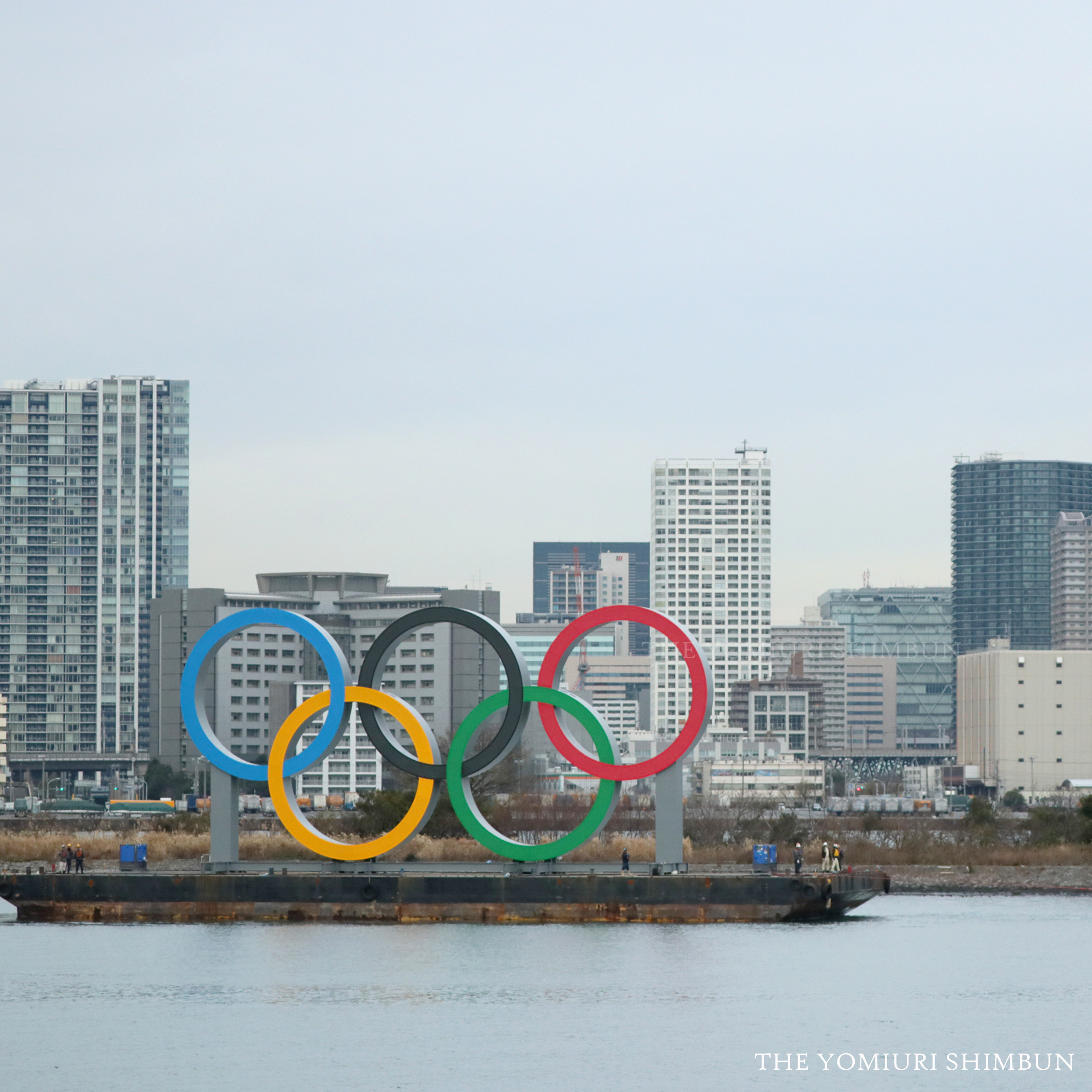 読売新聞写真部 東京 お台場の お台場海浜公園 の海面に五輪のシンボルマークが設置されました 横幅約３２ｍの巨大な モニュメントは 横浜から船にひかれて登場 自由の女神 像の近くから見ることができます 24日からはライトアップも予定されてい