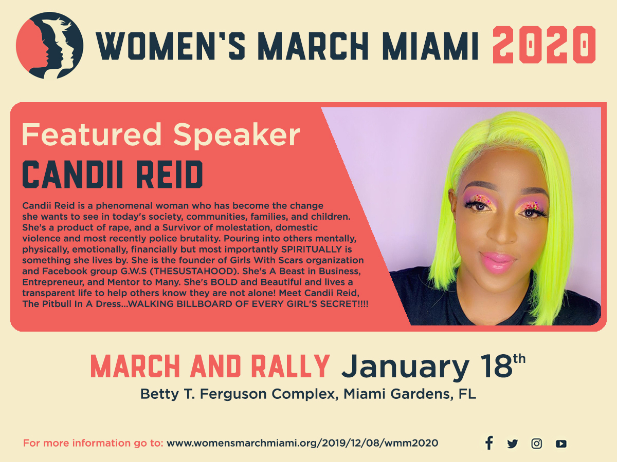 WomensMarchMia's tweet photo. We welcome community & spiritual leader Candii DhaCartel Reid, CEO of Girls With Scars, as a Featured Speaker at our 2020 anniversary March & Rally! #BreakingOurChains #womensmarchmiami #womensmarchflorida
WMM BREAKING OUR CHAINS MARCH & RALLY 2020 info - https://t.co/vBLiDgvIFN https://t.co/vh4Fnv2Sv9
