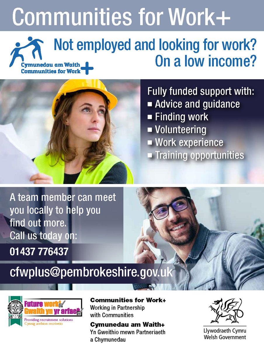 FutureworksPemb's tweet photo. New Year - New Start! Fully funded support to help you with
Jobs
Work Experience
Training
Communities for Work+
01437 776437 / cfwplus@pembrokeshire.gov.uk
#communitiesforworkplus #Job #Pembrokeshire https://t.co/wnehNqT5Mx