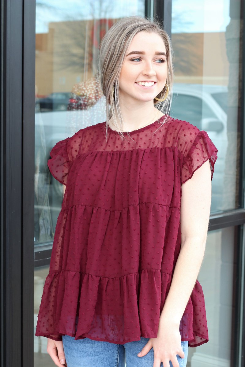 Koinophobic's tweet photo. Add a little texture to your spring/summer wardrobe with this brand NEW top featuring swiss dot details and a tiered ruffle babydoll cut.  

Available in burgundy and green in sizes small-large in store and online.

Get it now: https://t.co/VOtSsrcNNh https://t.co/CGDAk1KNLX