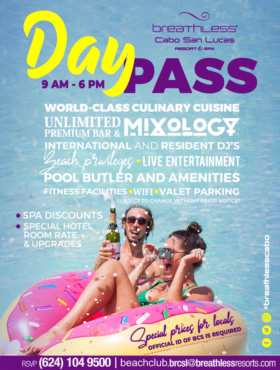 ¡Disfruta tu día de descanso en el #BeachClub más cool de #LosCabos!  😎👙🍹 
Reserva tu #DayPass en #BreathlessCabo San Lucas y vive la experiencia #UnlimitedLuxury donde todo está incluido. 
Pregunta por nuestra #promo para #locales de BCS al: 📱 624 104 95 00