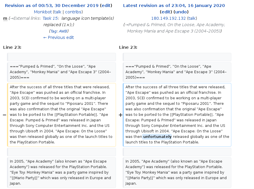 Screenshot of edit to Ape Escape