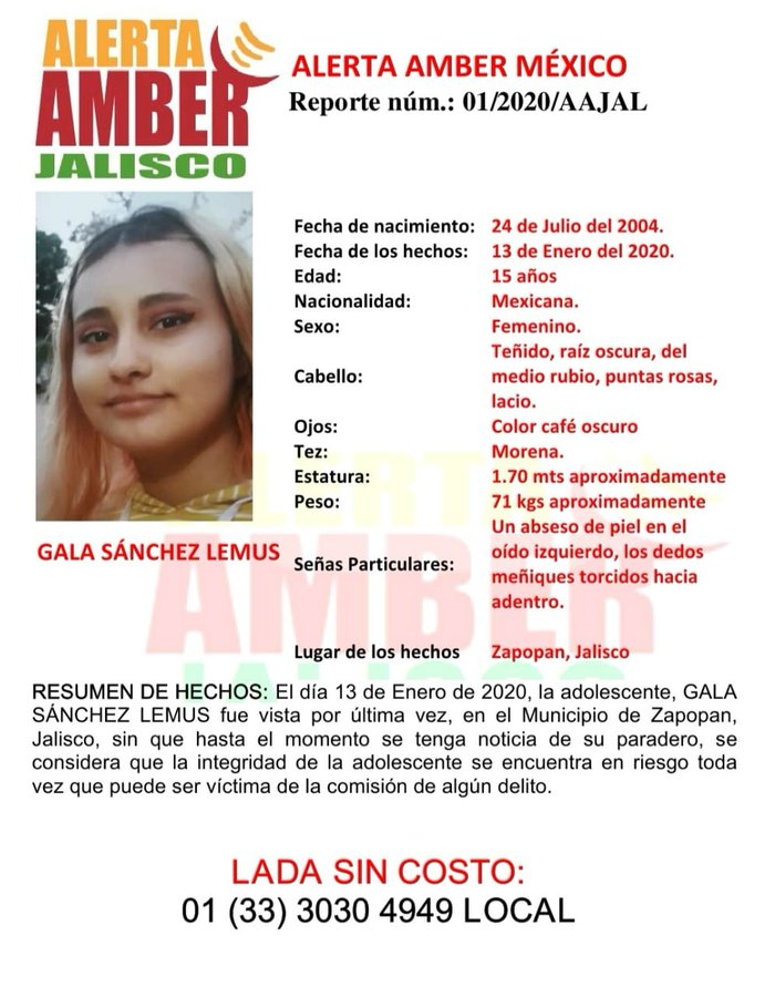 rmartinmar's tweet photo. #AlertaAmber solicita apoyo para la búsqueda y localización de la adolescente GALA SÁNCHEZ LEMUS de 15 años, #desparecida el 13 de enero en Tesistán, Zapopan https://t.co/ebvjz2ejHz