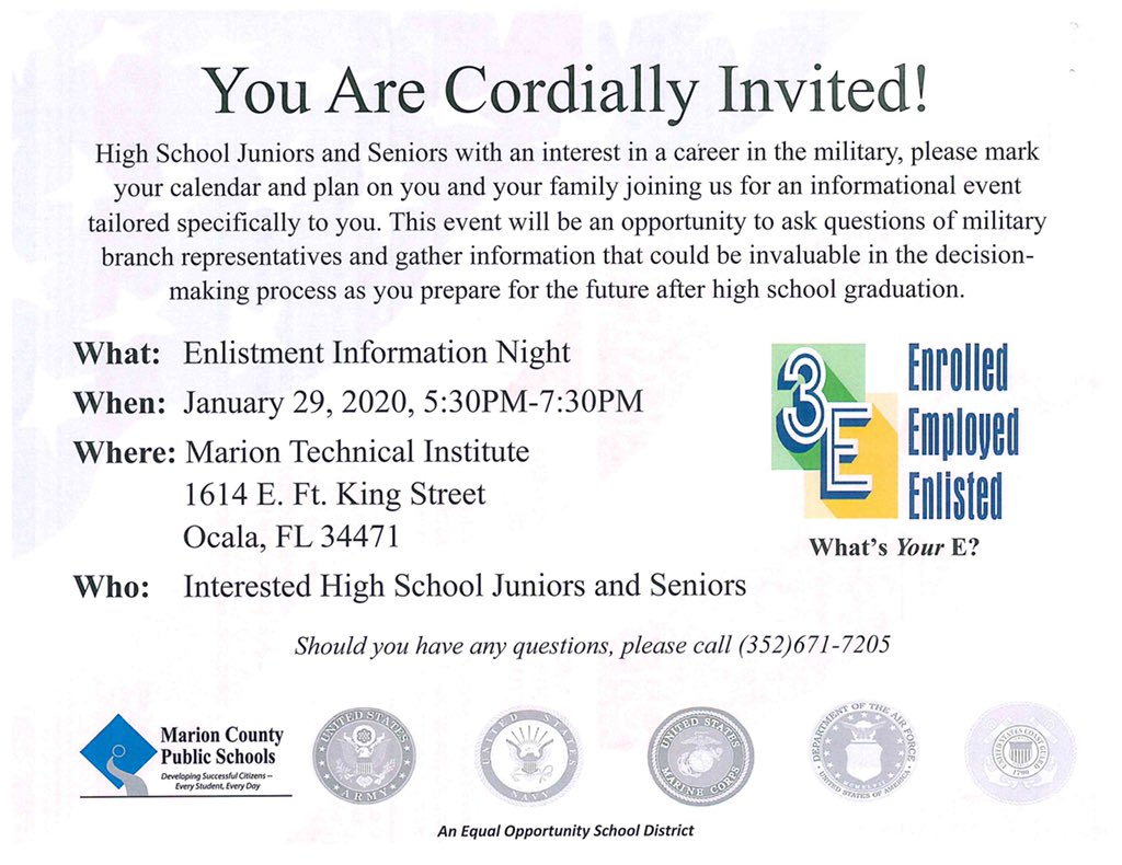 LWHS_Canes's tweet photo. Students, Are you interested in learning more about the Armed Forces? Join us for Enlistment Night on Jan.  29, 5:30-7:30 at Marion Technical Institute. 

The U.S. Armed Forces include Army, Marine Corps, Navy, Air Force, Space Force and Coast Guard. https://t.co/GNuD42mqWL