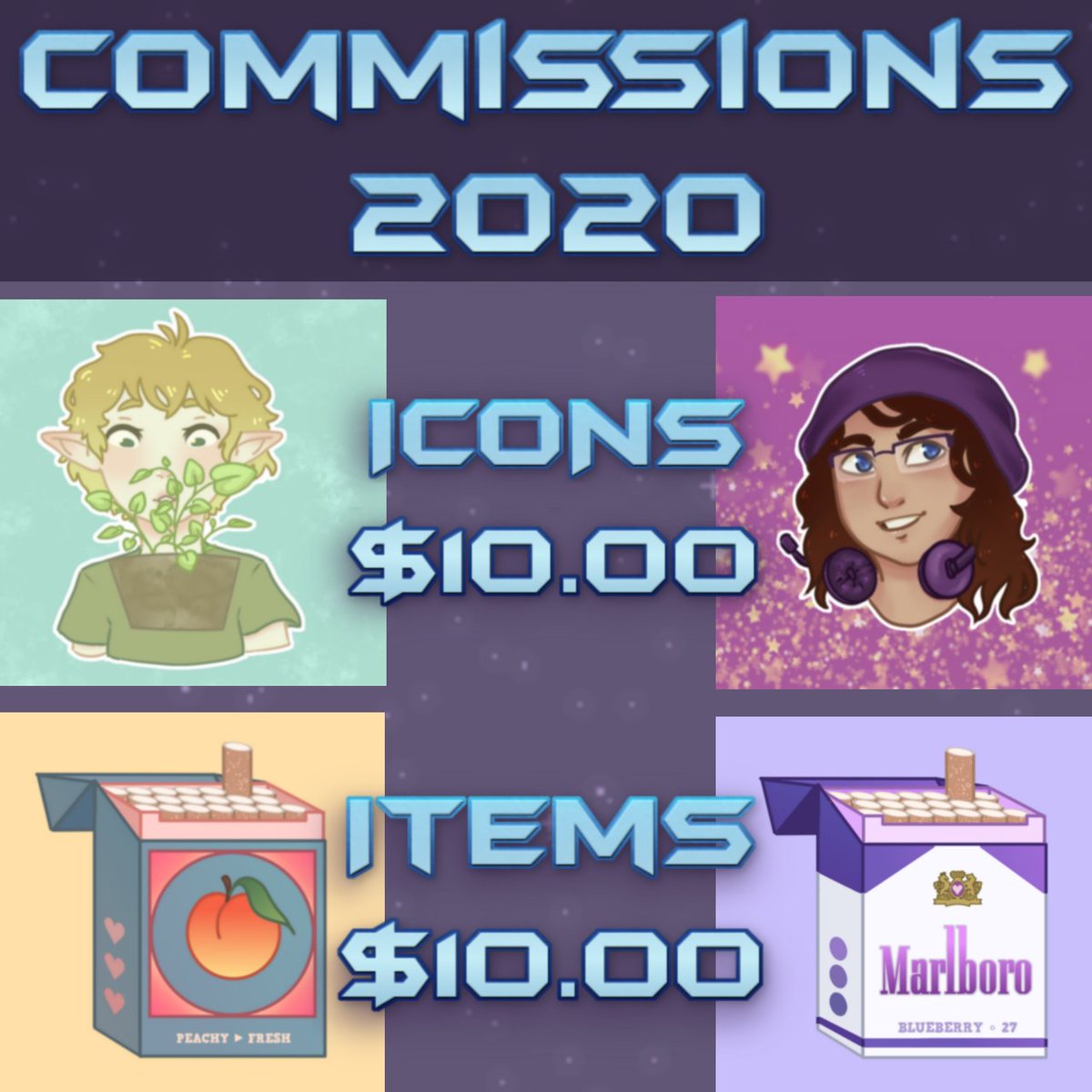 Commissions 2020. Icons 20 dollars. Items 20 dollars. Two faces and below are two cigarette packs.