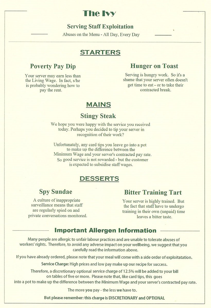 Alan Kinsella Not A Pizza Menu But A Menu Produced Recently For A Protest At The Ivy Restaurant