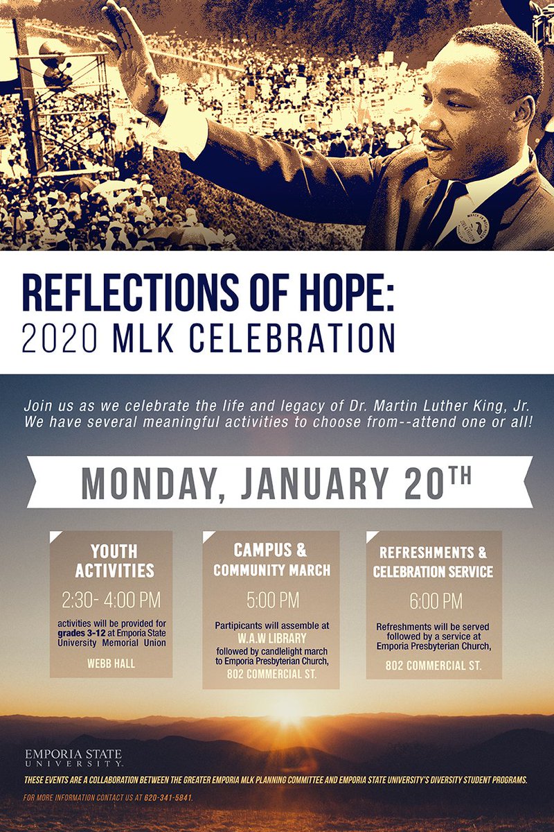 emporiastate's tweet photo. Join us on Monday, Jan. 20 to celebrate the life and legacy of Dr. Martin Luther King, Jr.  Details below 👇

We look forward to seeing you there! @esuCSI @esuDSP #MLKDay https://t.co/YEdwc5PIEJ