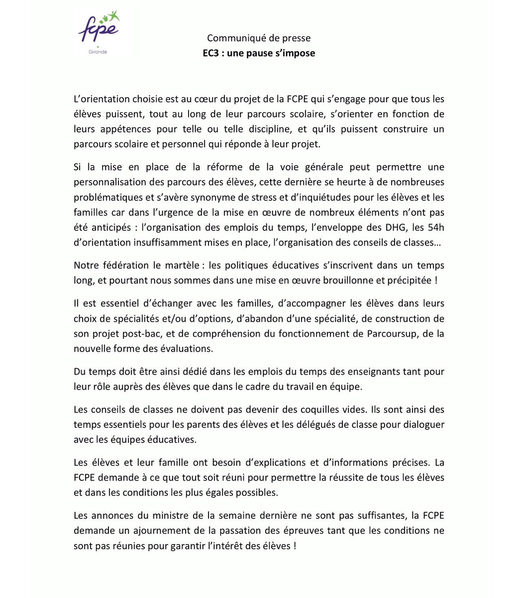 fcpe_33's tweet photo. Demande d’ajournement des E3C @s_anfray @EmilieMarches @PCousinet https://t.co/s5jGh76zRH