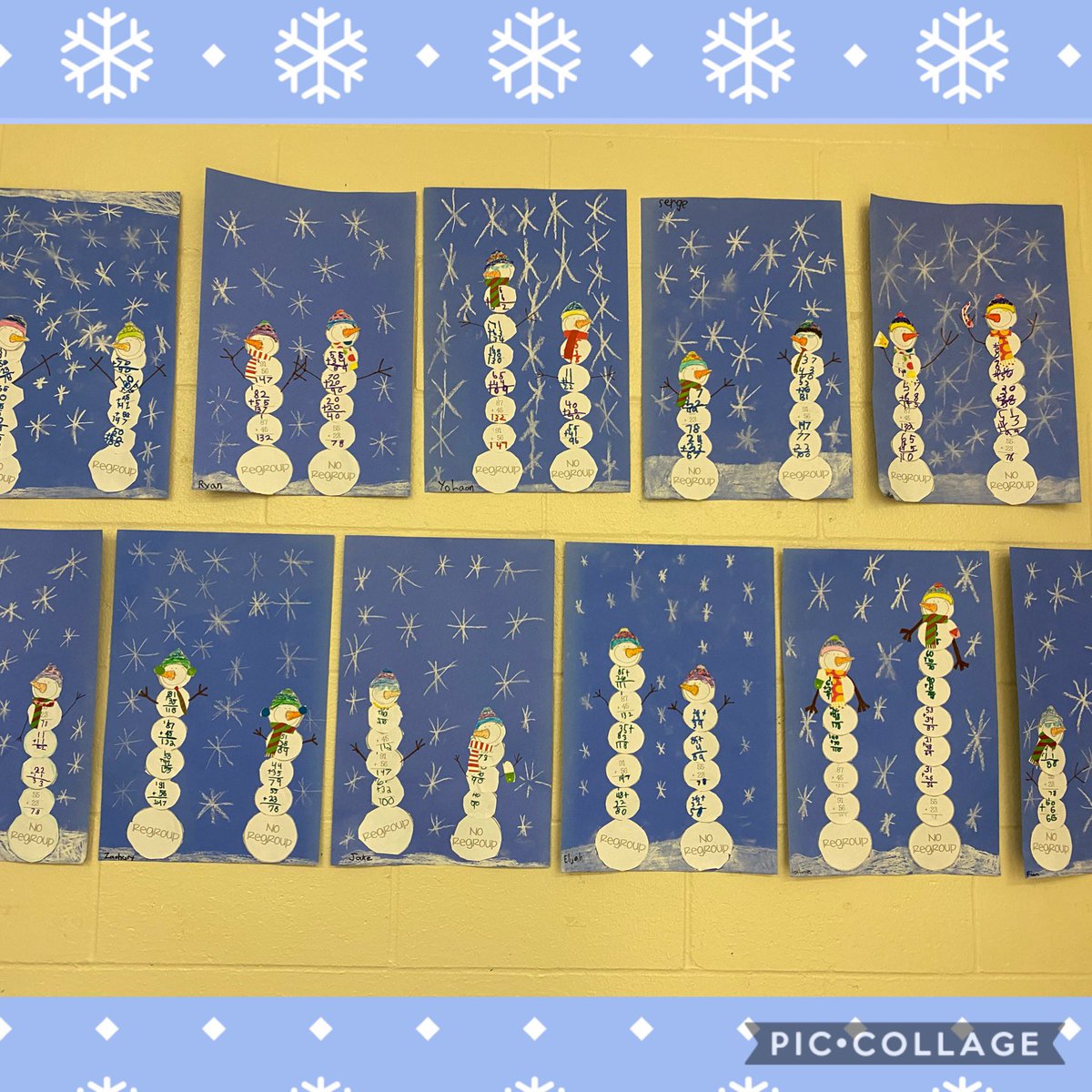 jschudde's tweet photo. Winter snowmen showing our knowledge of regrouping and not regrouping addition problems. @CopperHillES https://t.co/n32WMVJgBi