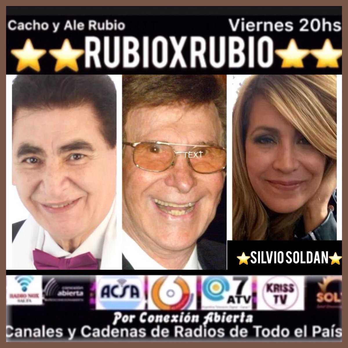 ALERUBIO_'s tweet photo. ⭐️💫 #IMPERDIBLE!!💫⭐️ #VIERNES 20hs #LUJAZO en #RUBIOxRUBIO con @cachorubio y @alerubio_ junto al querido #SilvioSoldan x @conexionabierta + Canales y Gran Cadenas de Radios de Todo el País⭐️💫 ▶️https://t.co/KapWwxSWAa

#cachorubio #alerubio #rubioxrubio #conexionabierta https://t.co/Bv69DtBM6X