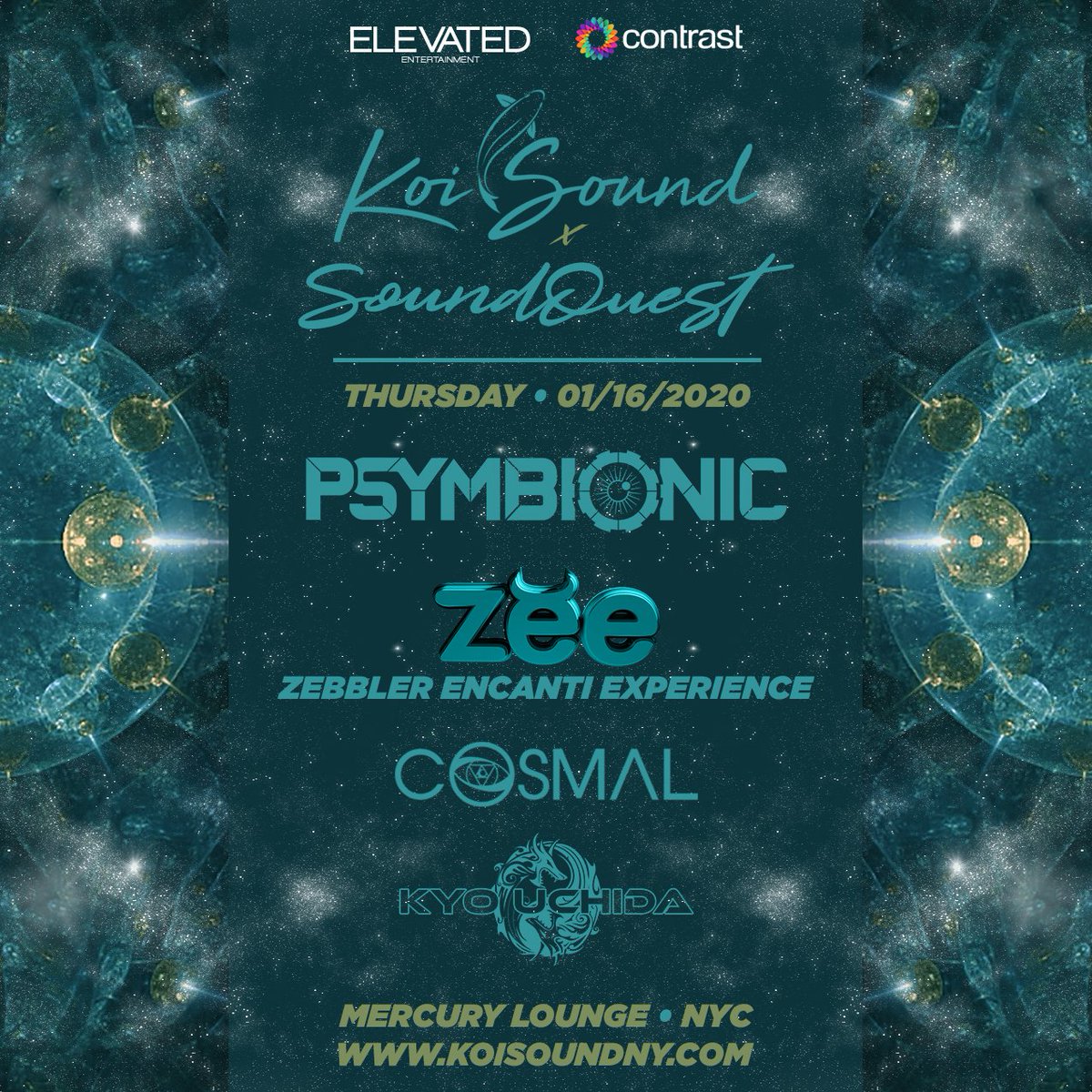 elevatedentlive's tweet photo. #KoiSound x #SoundQuest w/ @Psymbionic @zebbler @encanti @COSMAL_ @danzerkp is taking over @MercuryLoungeNY tonight! Limited tickets still available, grab yours before it's too late: https://t.co/MH87GgZyOP https://t.co/t9fnS1tx73