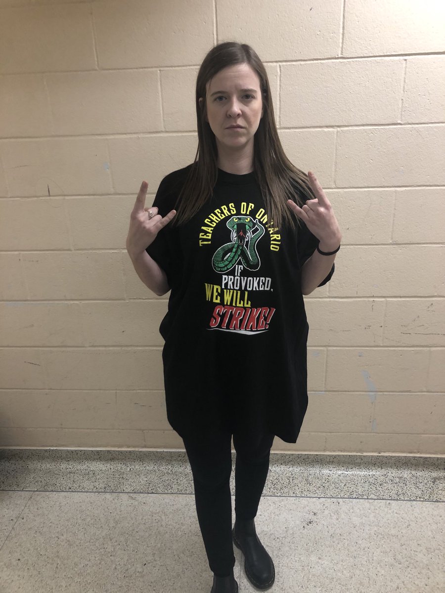 Sporting my dad’s old OSSTF shirt from 1998 during the Harris regime at school today.  I picketed with him when I was in Grade 3 and caught the union bug. “Teachers of Ontario - If provoked, we will strike!”  😂😂 I wish our shirts could be this bold!! #osstf #ETFO