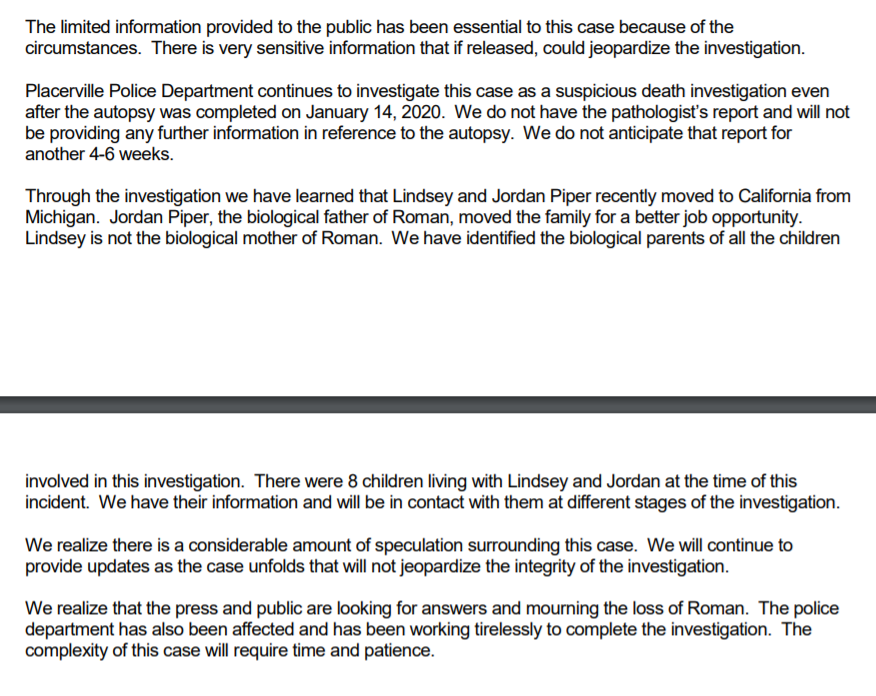 MarleiMartinez's tweet photo. This is the latest statement from Placerville Police on the #RomanLopez investigation: https://t.co/ilb0wTOrdk