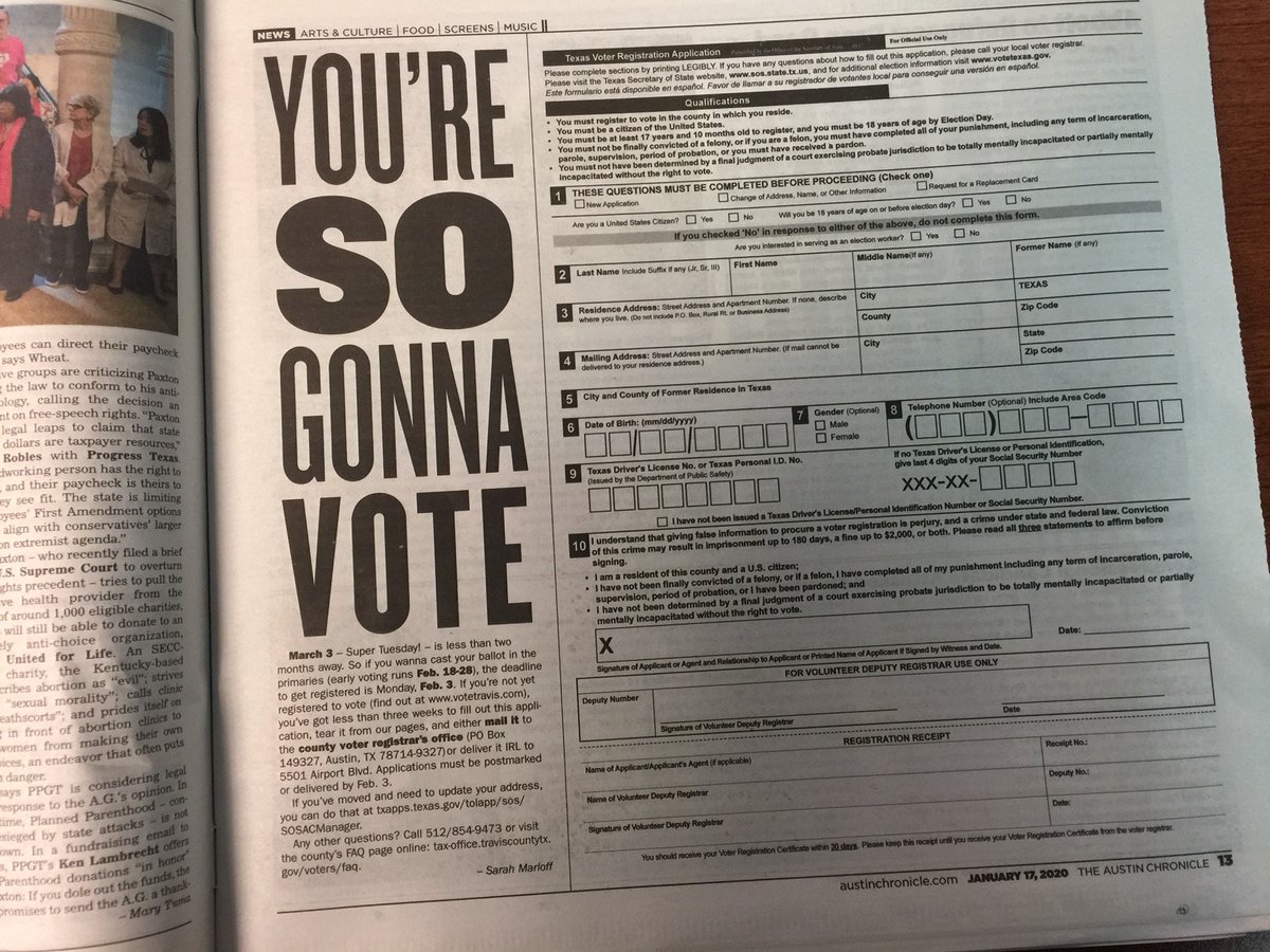 TravisCountyTax's tweet photo. Need a Voter Registration Application? You got it in the latest issue of @AustinChronicle. Thank you so much Austin Chronicle! Please Retweet to let others know &amp; thank the Austin Chronicle for supporting voter registration and voting. #RegisterBeCountedVote! https://t.co/Q51NxdAeWU