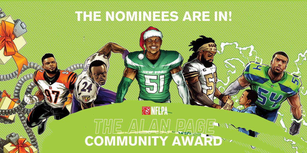 Announcing the Top 5️⃣ Finalists for the Alan Page Community Award:

<a href="/GenoSacks/">Geno Atkins</a> 
<a href="/BCarr39/">Brandon Carr</a> 
<a href="/bcope51/">Brandon Copeland</a> 
<a href="/demario__davis/">Demario Davis</a> 
<a href="/Bwagz/">Bobby Wagner</a> 

The winner will receive $100,000 for the charity of their choice and will be announced at #SuperBowlLIV