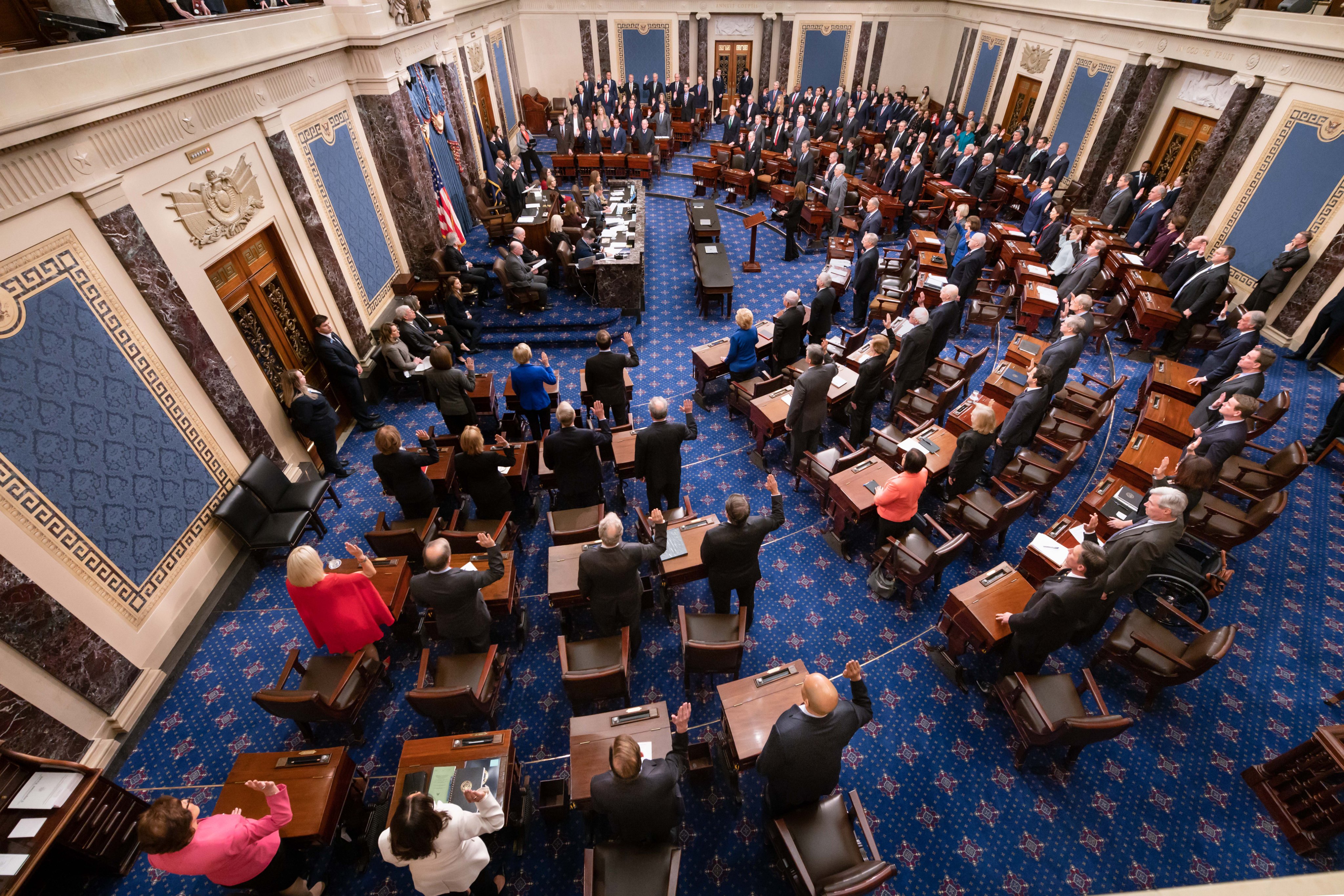 The official Senate photograph of Senators taking the oath at the start of the Senate impeachment trial of President Donald John Trump.