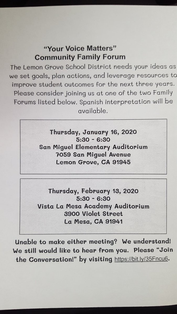 Mr_WMH's tweet photo. Please join me at San Miguel Elementary School to Join the Conversation. We want to hear from you, Lemon Grove parents and community. We will have light refreshments for you as share your thoughts and ideas. See you tonight at 5:30! https://t.co/woBPLCr5im