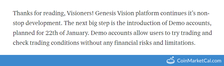 cmcal_bot's tweet photo. 🆕 New Genesis Vision $GVT event! 
 
22 January 2020 
Demo Accounts Release  
 
Source: https://t.co/wst1Xe3BVp https://t.co/9DoEc2VlWI