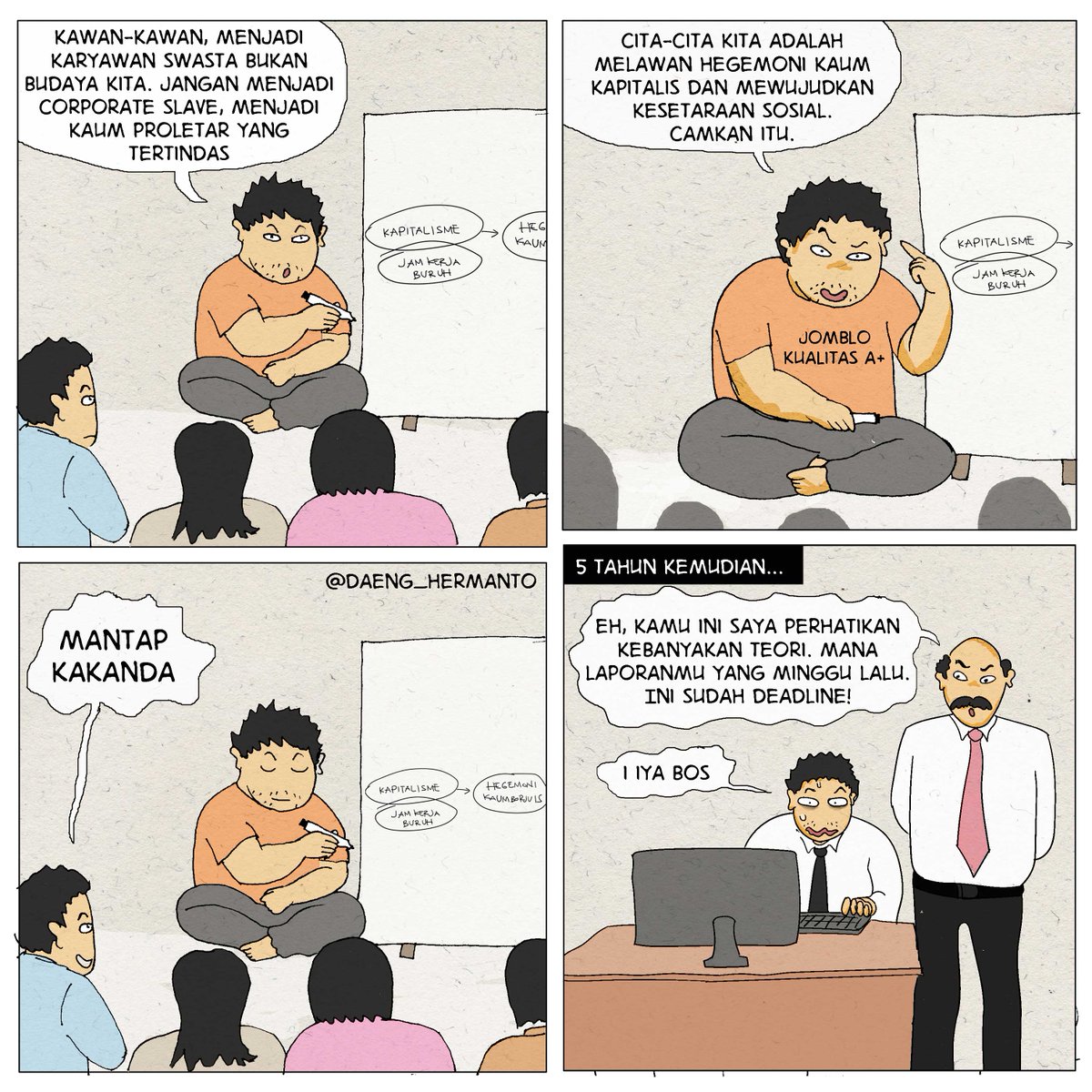 daeng_hermanto's tweet photo. Karyawan Swasta #daeng_hermanto #komikanu #komikinajah #komiksulsel #komiklokal #komikmakassar #karyawanswasta #aktivis #aktiviskiri #demonstran #mahasiswapengangguran #skripsi #sarjana #sarjanamuda #sarjanacantik #illustrasi https://t.co/dgdx57rOdC